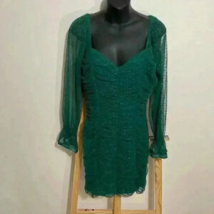 Haute Monde, Mini dress Green, Ruched Mesh Long Sleeve, Size Large